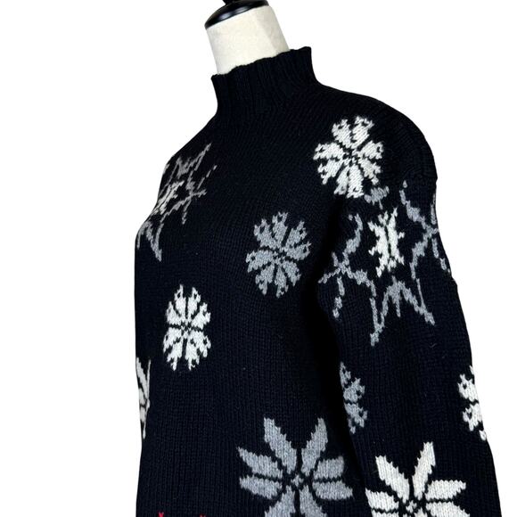 American Collection Black 100% Wool Tight Knit Turtleneck Snowflake Sweater - Picture 11 of 11